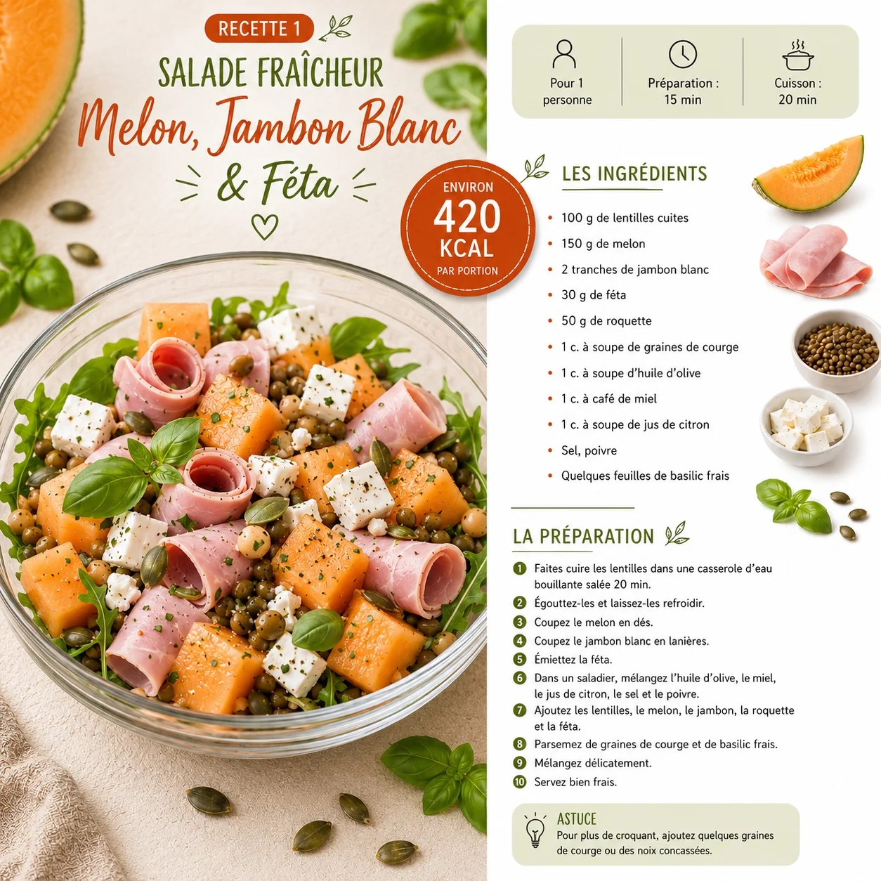 Salade fraîcheur Melon, Jambon Blanc & Feta
